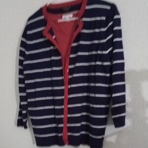 august silk Navy and White Striped Cardigan with Red Trim
